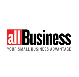 Text allbusiness logo your small business advantage with white black and grey letters on a white background with a bit of red on the left side of the logo