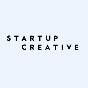 Startup Creative logo with black letters on a blue background