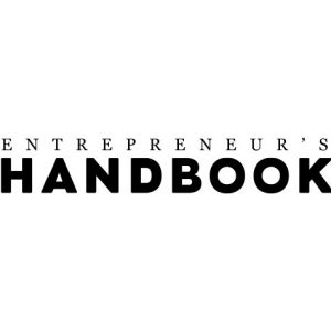 Entrepreneur handbook - black letters on a white backgorund entreprenuer's logo