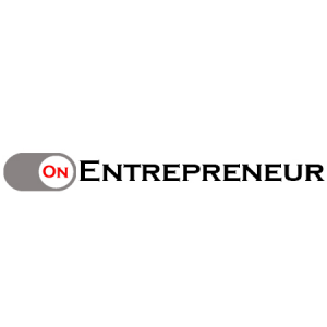 OnEntrepreneur logo with black and red letters with on switch on a white background